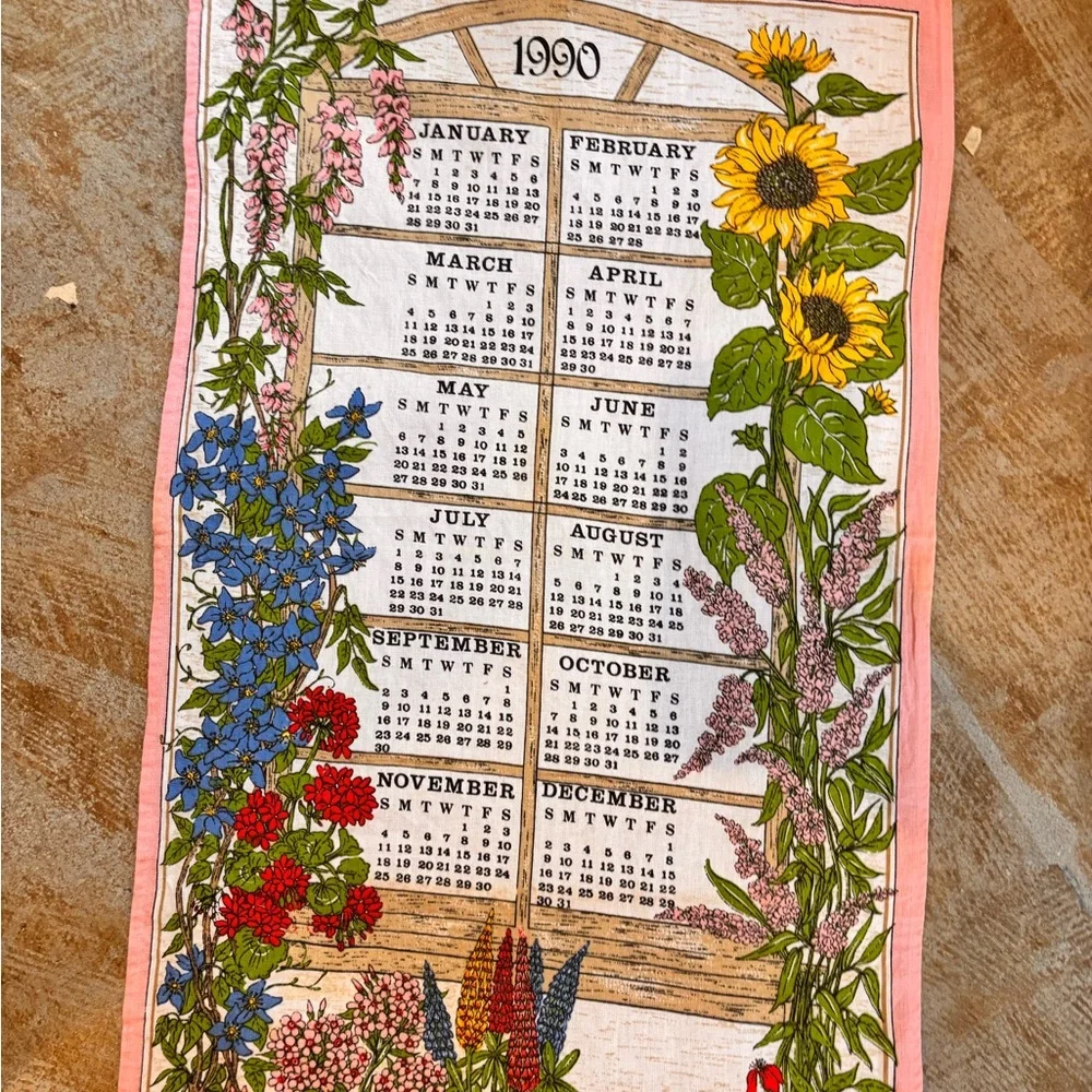 Vintage 1990 calendar months of the year tea towel pink border